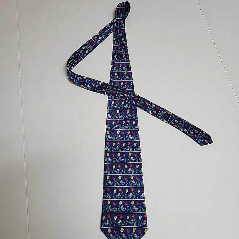 PAUL FREDRICK Bear in a Hammock Floral Tulip Blue Men's 100Italian Silk Neck Tie